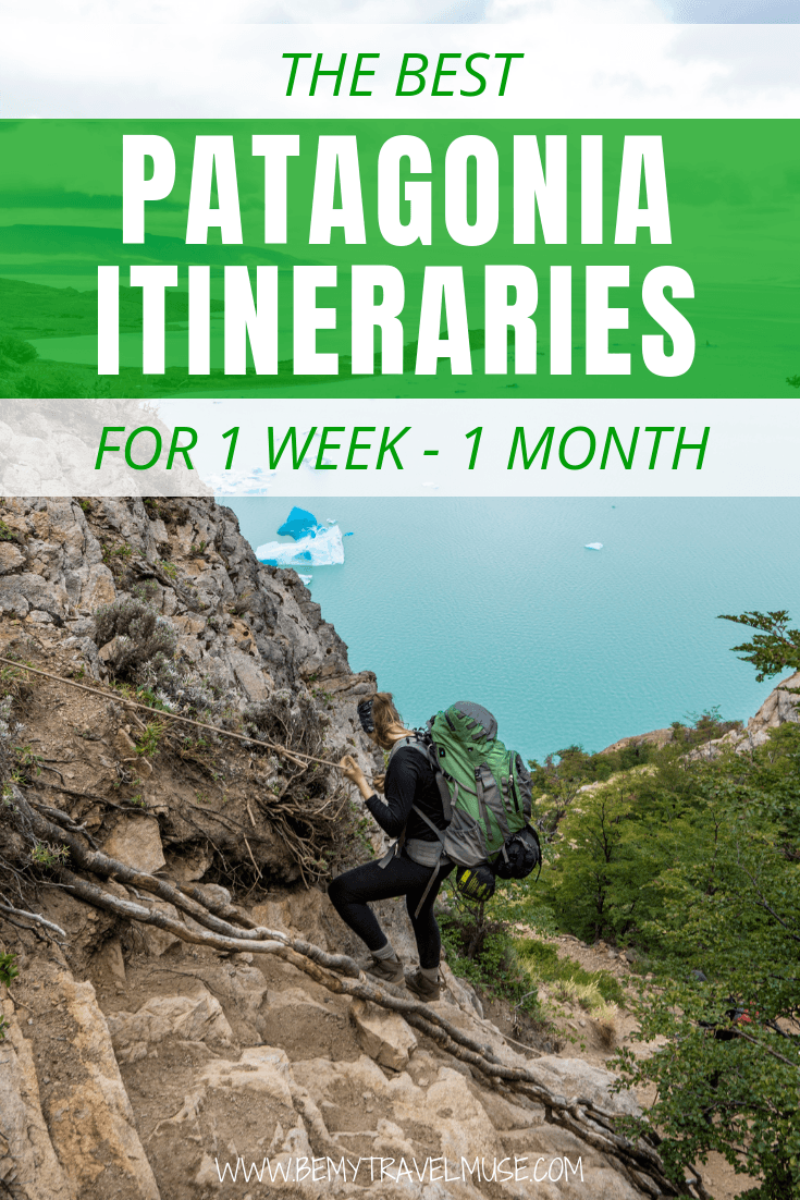 Planning an adventurous trip to Patagonia? This post includes itinerary for 1 week, 2 weeks and 4 weeks that will help you plan your route and hikes regardless of your length of stay. Maps, Packing list and other essential tips are included. #Patagonia